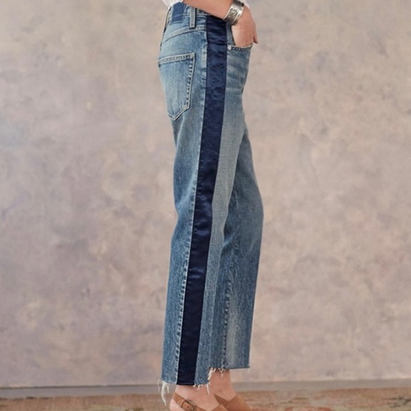 AMO Blue Straight Leg Jeans with Navy Side Stripe Raw Hem 26” - Picture 6 of 10